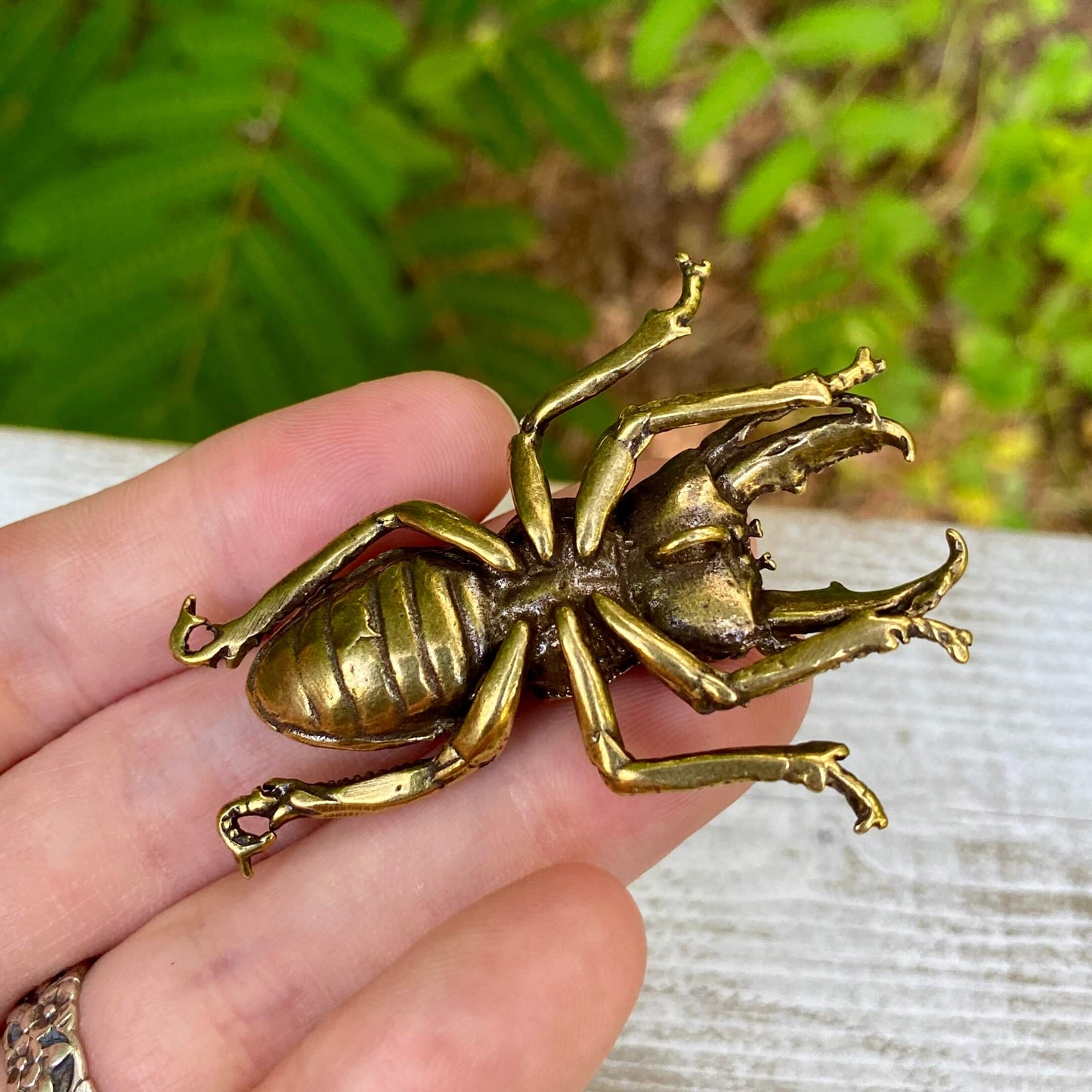 Close-up of brass stag beetle showing texture and craftsmanship of mandibles and legs